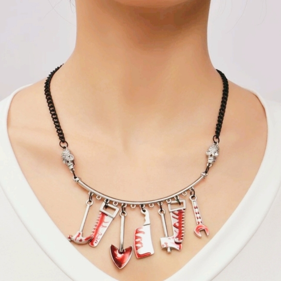 Skulls Red Stained Tools Charm Necklace Kawaii Creepy Cute Goth Serial NWT - Picture 3 of 6